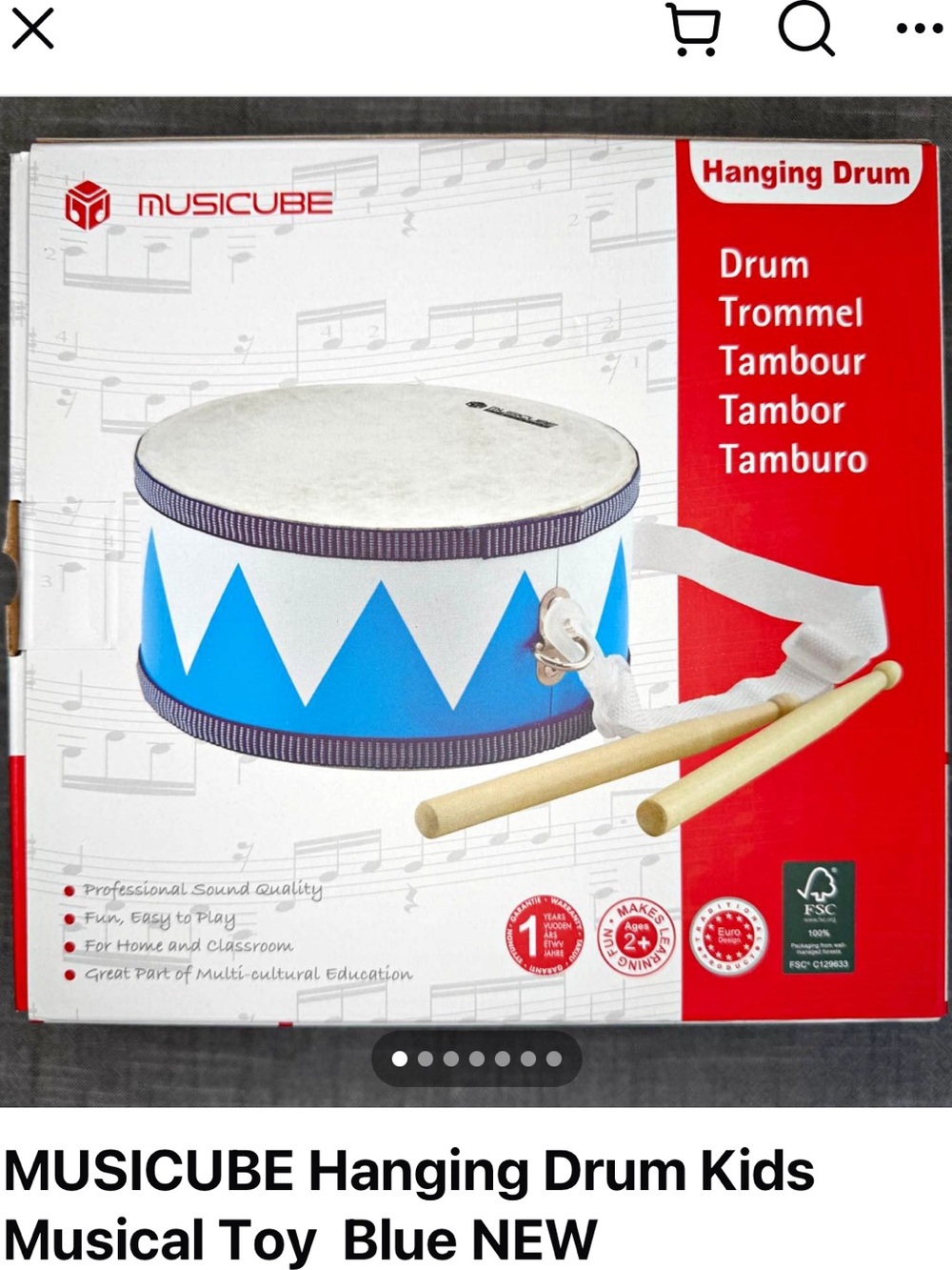 Blue Hanging Kids Drum with Strap and Drumsticks